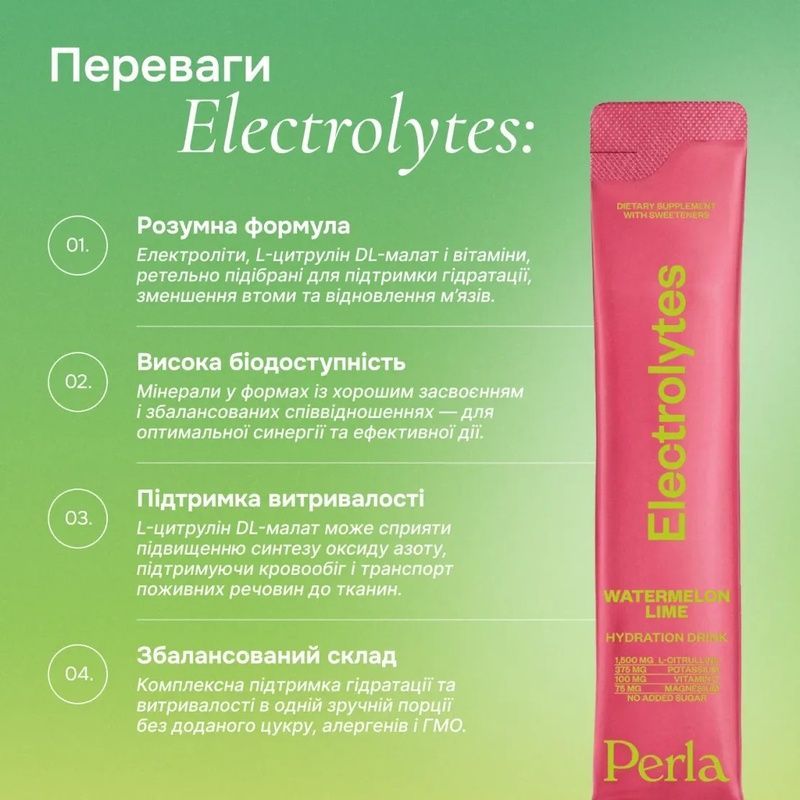 Електроліти в стіках Perla Helsa Electrolytes Hydration Drink - Watermelon & Lime, 20 шт 4820292040586 фото